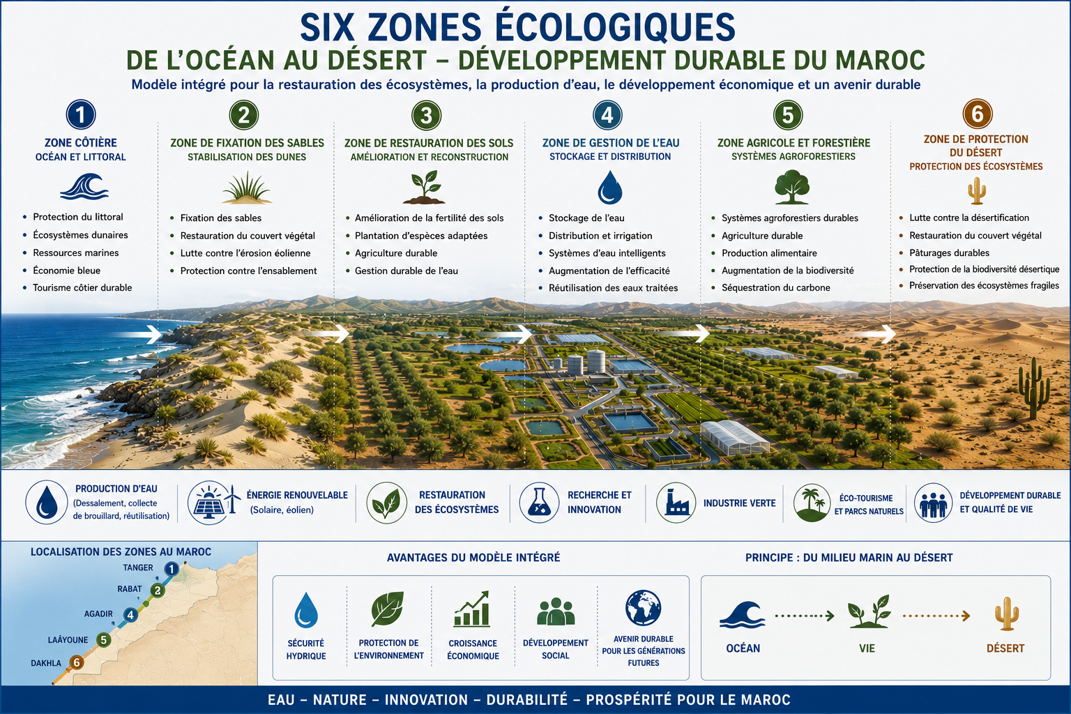 Six ecological zones from ocean to desert
