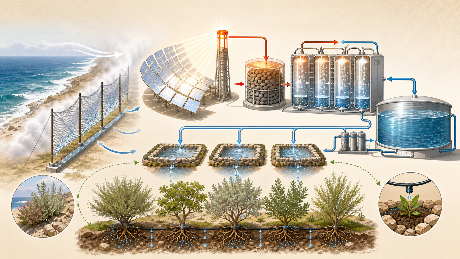 Solar desalination and water distribution loop